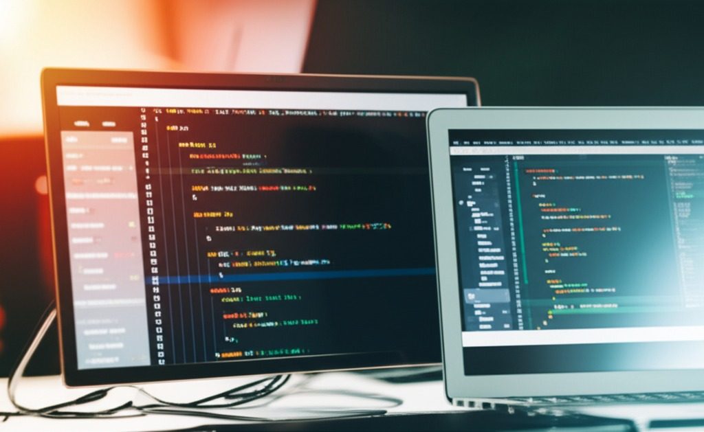 Two monitors showing source code